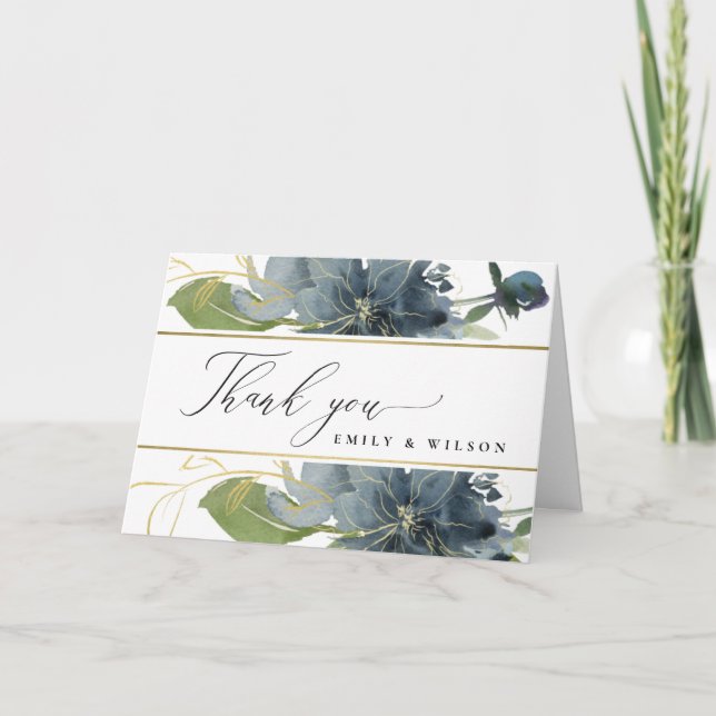 MÖRKBLÅ GULD GRÖN BLOMSTER AKVARELL BRÖLLLOP TACK KORT (Framsida)