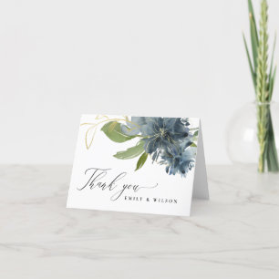MÖRKBLÅ GULD GRÖN BLOMSTER AKVARELL BRÖLLLOP TACK KORT