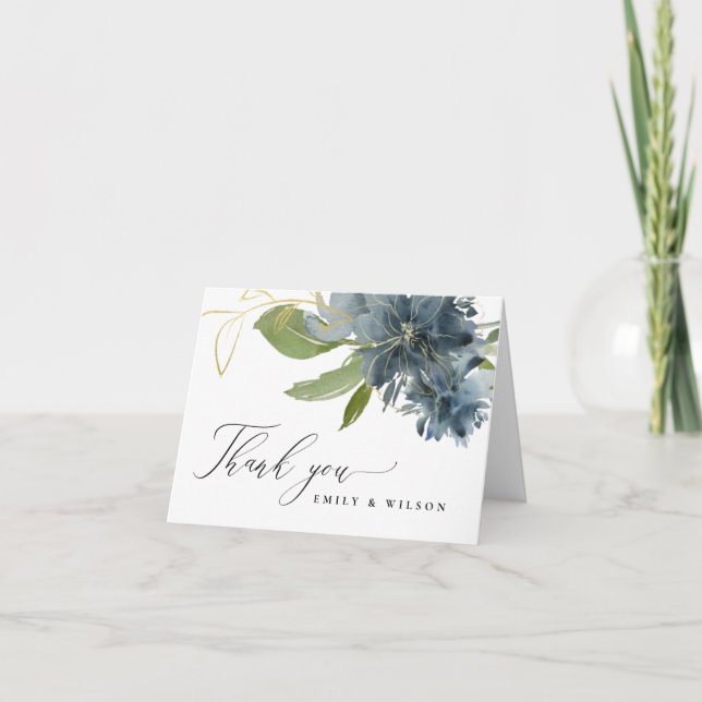 MÖRKBLÅ GULD GRÖN BLOMSTER AKVARELL BRÖLLLOP TACK KORT (Framsida)