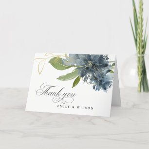 MÖRKBLÅ GULD GRÖN BLOMSTER AKVARELL BRÖLLLOP TACK KORT