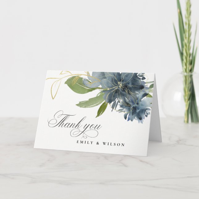 MÖRKBLÅ GULD GRÖN BLOMSTER AKVARELL BRÖLLLOP TACK KORT (Framsida)