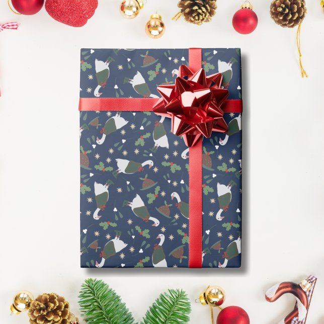 Mörkblå julgås med Figgy Pudding  Presentpapper (Skapare uppladdad)