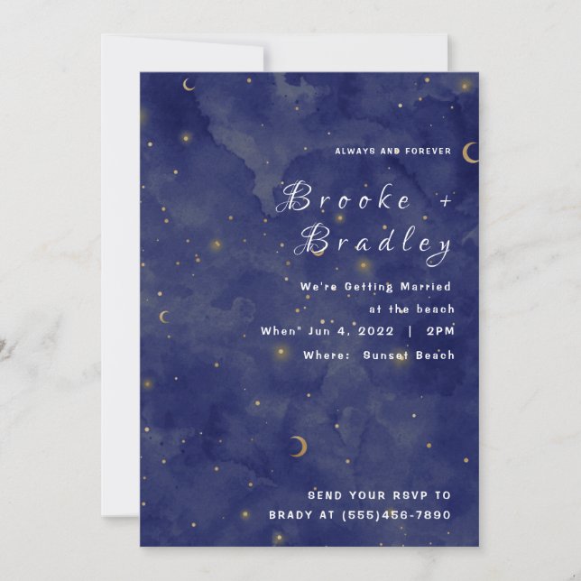 Mörkblå måne & stjärnor Celestial bröllop Inbjudningar (Framsida)