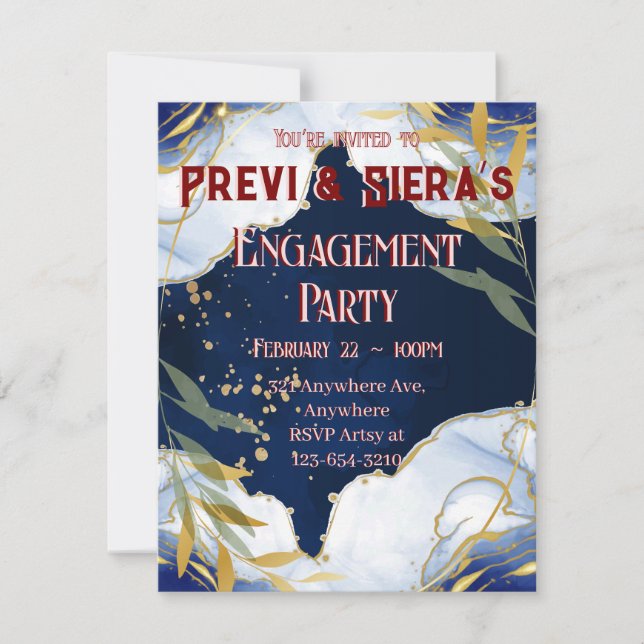 Mörkblå Marmor Med Guld Inbjudningar (Framsida)