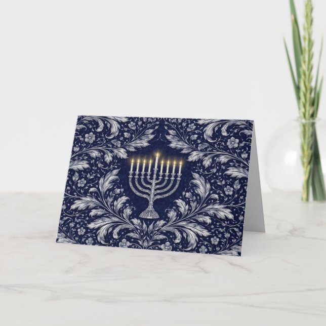 Mörkblå Menorah William Morris Mönster Tack Kort (Framsida)