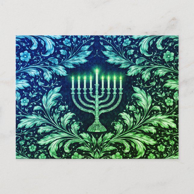 Mörkblå Menorah William Morris Mönster Vykort (Framsida)