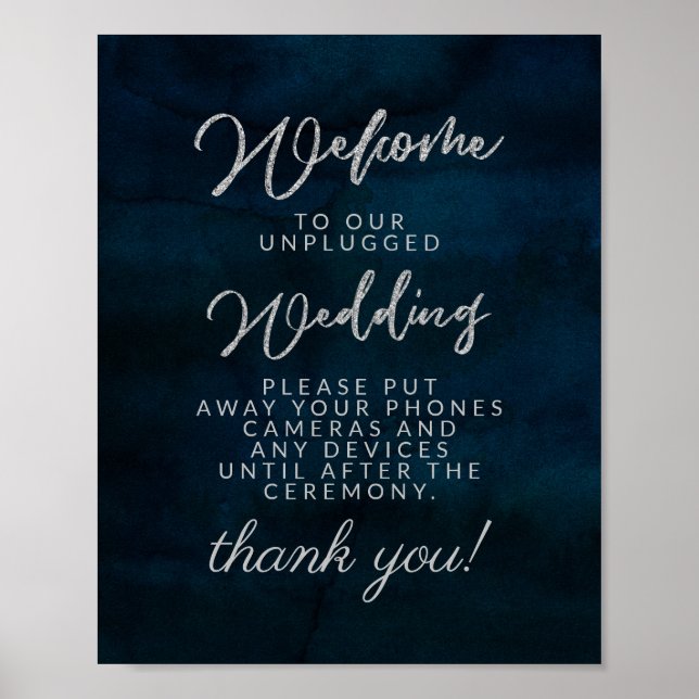 Mörkblå Navy Lyster Opluggad Bröllopsbordsskylt Poster (Framsidan)
