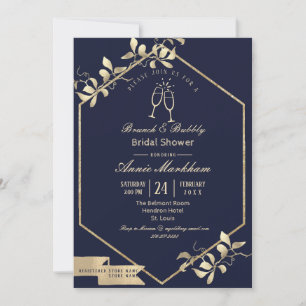 Mörkblå och Champagnegyllene Bubbly Brunch Inbjudningar