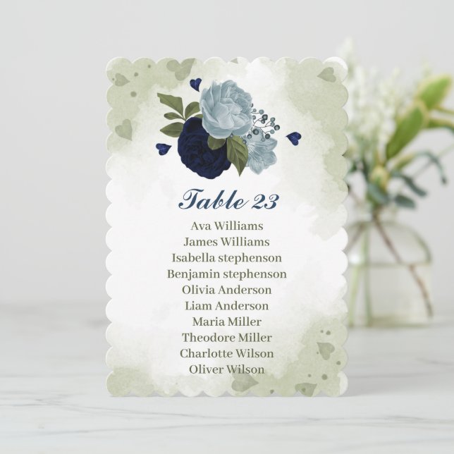 mörkblå och dammig blå blommor grön sittplatskort inbjudningar (Stående Fram)