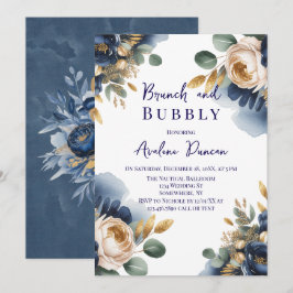 Mörkblå och guld färgad peonibrunch med bubbel inbjudningar