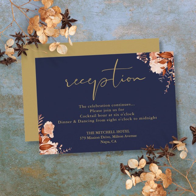 Mörkblå och guld rustik blomsterbröllopsmottagning tilläggskort (Navy Blue And Gold Rustic Floral Wedding Reception Enclosure Card)