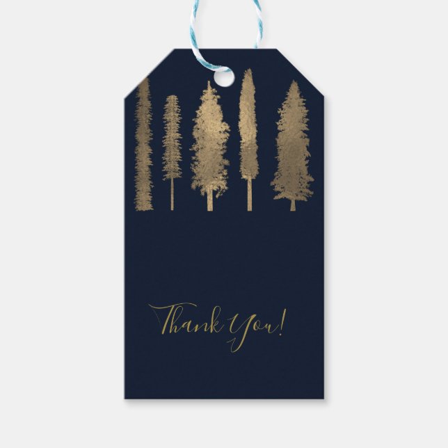 Mörkblå och guld skogliga träd rustika presenter presentetikett (Framsidan)