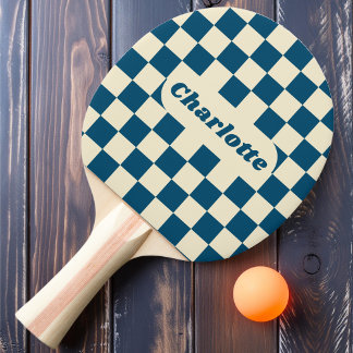 Mörkblå och krämfärgade rutor med namn pingisracket