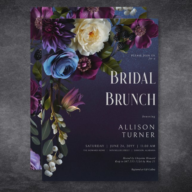 Mörkblå och lila blommig melankolisk bröllopsbrunc inbjudningar (Dark Blue & Purple Floral Moody Bridal Brunch Invitation)