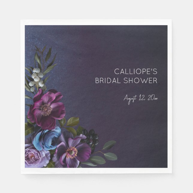 Mörkblå och lila blommiga melankoliska bröllopsbru pappersservett (Framsidan)