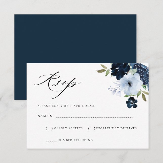 mörkblå och ljusblå blomster-RSVP-kort OSA Kort (Fram/baksida)