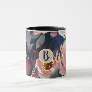 Mörkblå och rosablommiga akvarellblommor chic mugg
