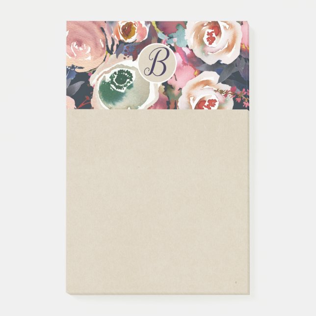 Mörkblå och rosablommiga akvarellblommor chic post-it block (Framsida)