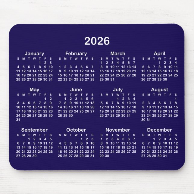 Mörkblå och vit 2026-kalender musmatta (Framsidan)