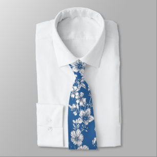 Mörkblå och vit chinoiserie blomstermönster slips
