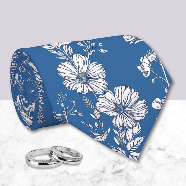 Mörkblå och vit chinoiserie blomstermönster  slips (Skapare uppladdad)