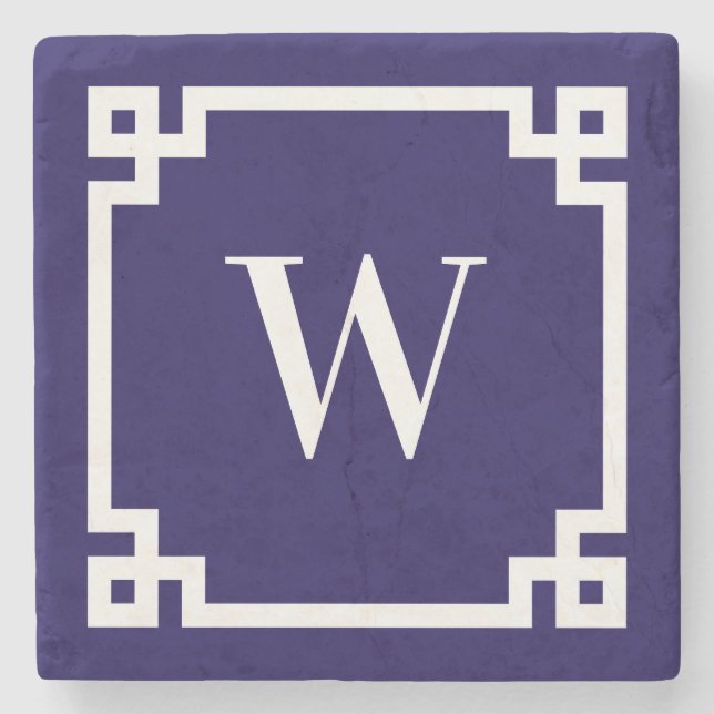 Mörkblå och vit grekisk nyckelkantmonogram stenunderlägg (Framsidan)