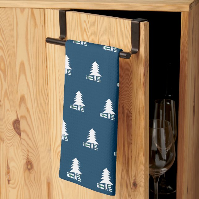 Mörkblå och vit julgransdesign kökshandduk (Thirds Fold)