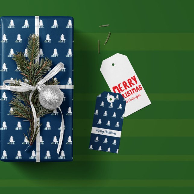 Mörkblå och vit julgransdesign presentetikett (Skapare uppladdad)