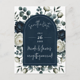 Mörkblå och vita moderna blommor Grönt Spara datum Meddelande Vykort