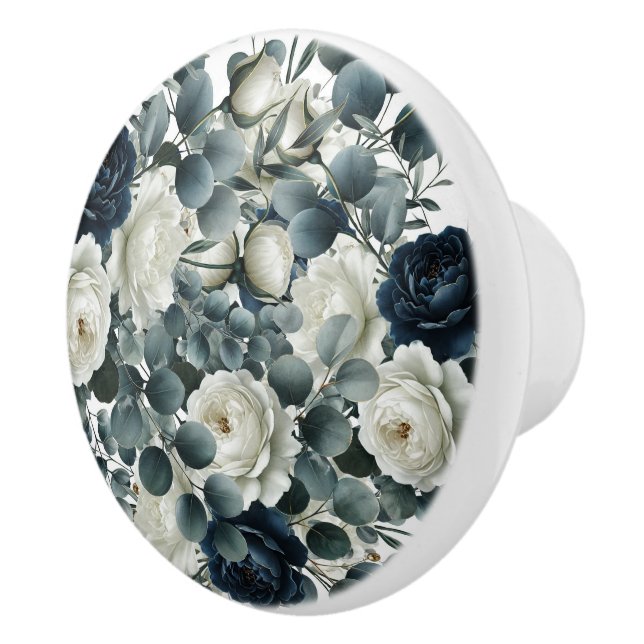 Mörkblå och vita moderna blommor och grönska knopp (Höger)