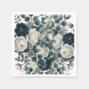 Mörkblå och vita moderna blomsterbröllop pappersservett