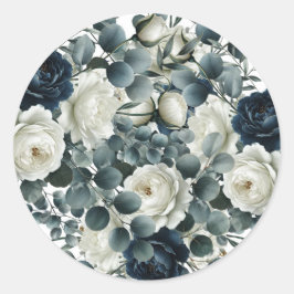 Mörkblå och vita moderna blomstergröna bröllop runt klistermärke