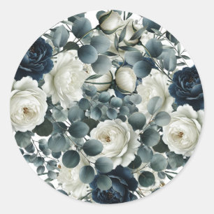 Mörkblå och vita moderna blomstergröna bröllop runt klistermärke