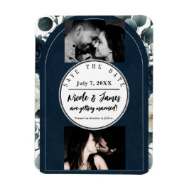 Mörkblå och vita moderna blomstergröna Spara datum Magnet