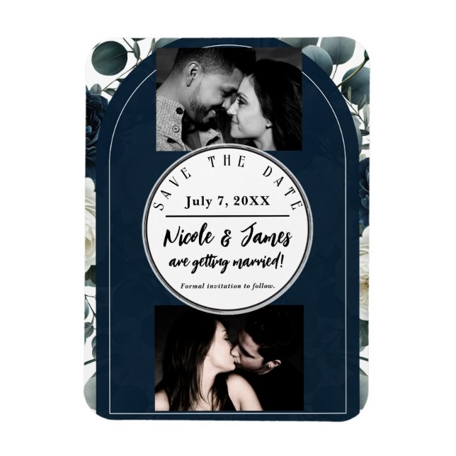 Mörkblå och vita moderna blomstergröna Spara datum Magnet (Vertikal)