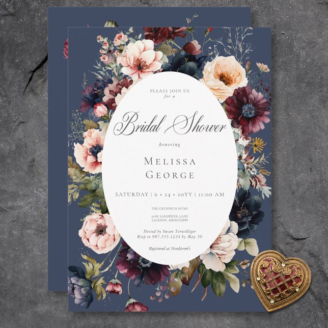 Mörkblå oval blomsterkant bröllopsfest inbjudningar (Dark Blue Oval Floral Frame Bridal Shower Invitation)