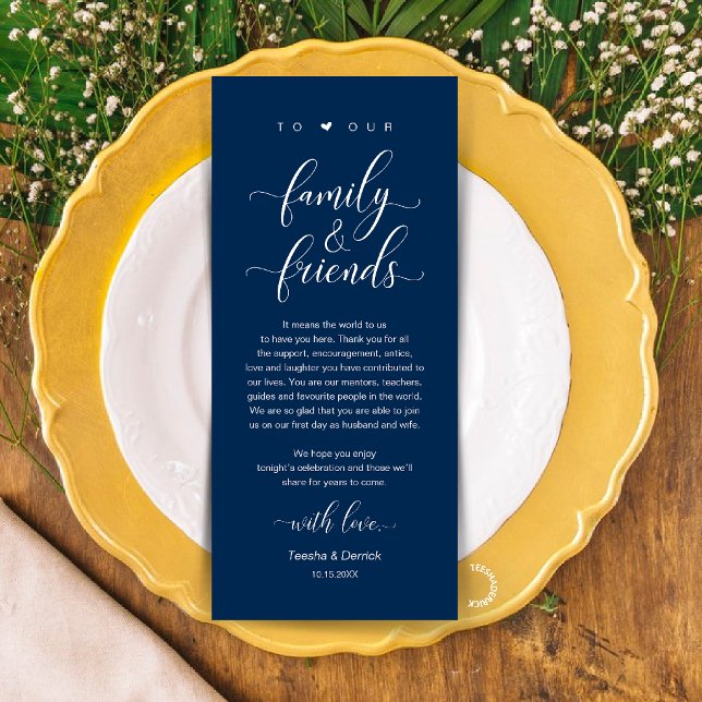 Mörkblå Platsinställning Tacksamhetskort för Bröll Program (Navy Blue Wedding Place Setting Thank You Card, Dinner Lunch Brunch Party Celebration)