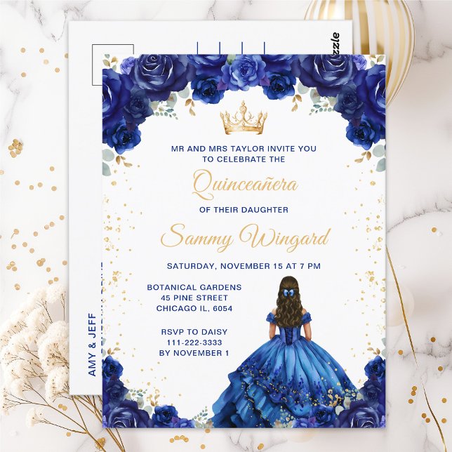 Mörkblå Prinsessa Blommig Quinceañera Vykort (Skapare uppladdad)