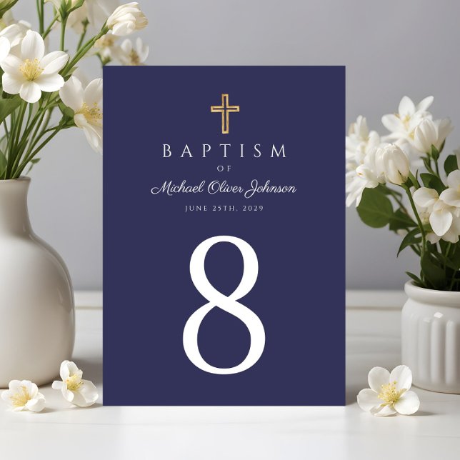 Mörkblå religiöst kors pojke dop bordsnummer (Navy Blue Religious Cross Boy Baptism Table Number)