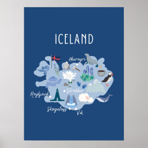 Mörkblå reskarta över Island Poster