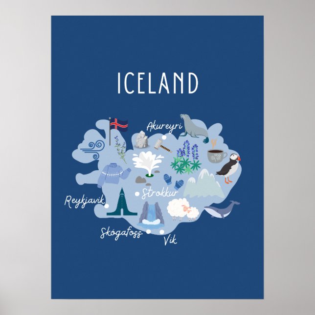 Mörkblå reskarta över Island Poster (Framsidan)