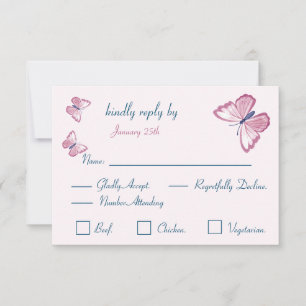 mörkblå rosa fjärilar svars kort RSVP