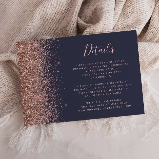 Mörkblå Rosa Guld Glitter Kant Bröllopsdetaljer Tilläggskort (Skapare uppladdad)