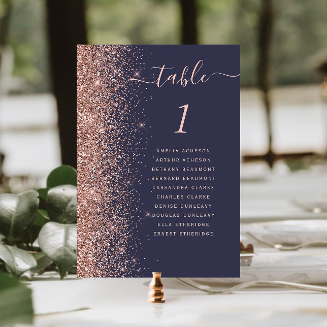 Mörkblå Roséguld Glitter Bröllop Bordsnummer (Skapare uppladdad)