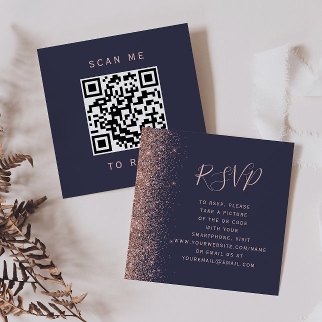 Mörkblå Roséguld Glitter Bröllops QR-kod RSVP Tilläggskort (Skapare uppladdad)