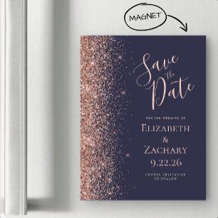 Mörkblå Roséguld Glitter Magnetisk Save the Date