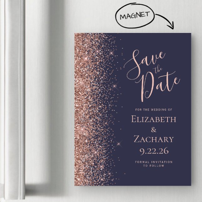 Mörkblå Roséguld Glitter Magnetisk Save the Date (Skapare uppladdad)