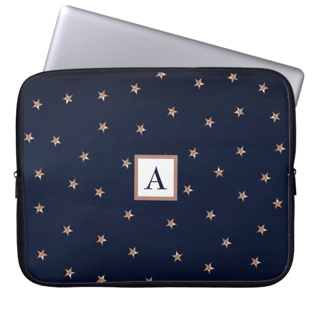 Mörkblå & Roséguld Rosa Glittriga Stjärnor Stjärnk Laptop Fodral (Framsidan)