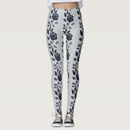 Mörkblå rosor med silverfärgade blad leggings