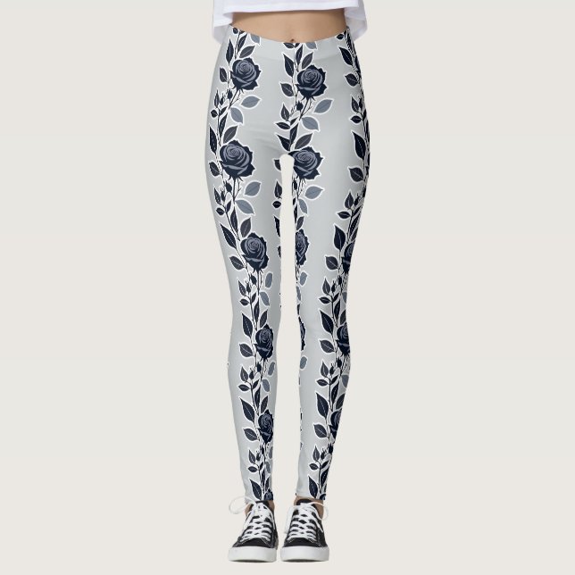 Mörkblå rosor med silverfärgade blad  leggings (Framsida)